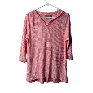 Chicos Pink Striped Linen Blend 3/4 Sleeve Hooded Blouse 1